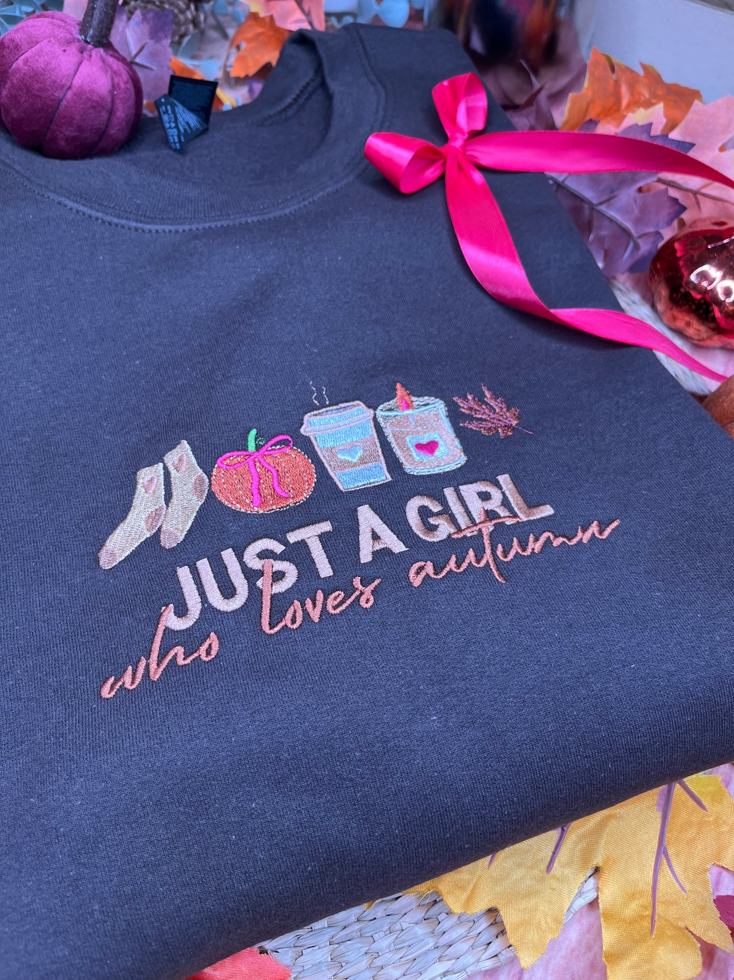 JUST A GIRL WHO LOVES AUTUMN EMBROIDERED SWEATSHIRT