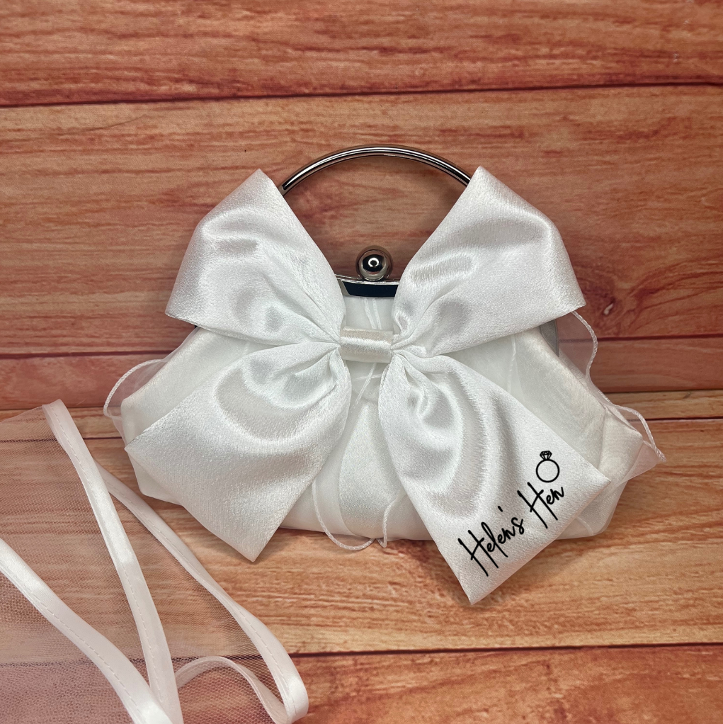 PERSONALISED WHITE OR BLACK BRIDAL BOW CLUTCH WITH LONG STRAP
