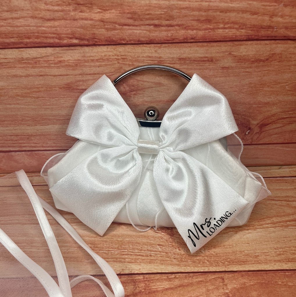 PERSONALISED WHITE OR BLACK BRIDAL BOW CLUTCH WITH LONG STRAP