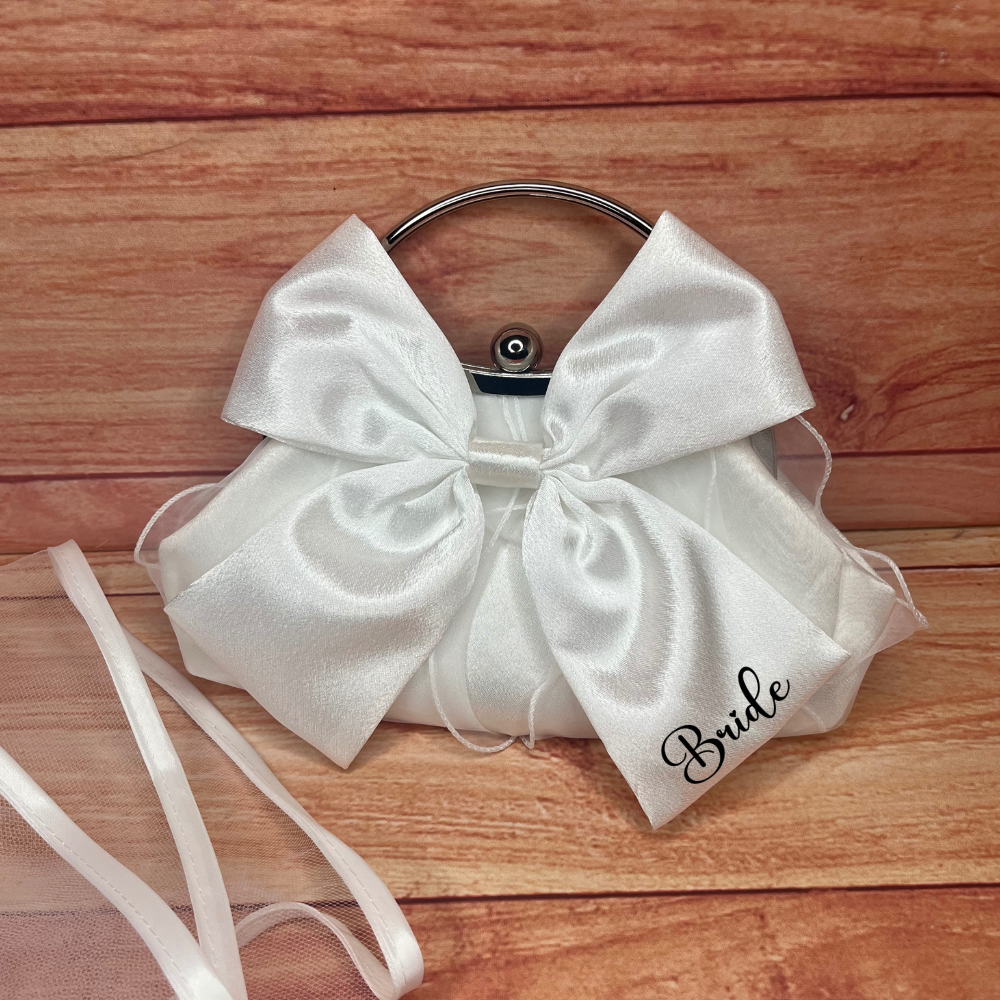 PERSONALISED WHITE OR BLACK BRIDAL BOW CLUTCH WITH LONG STRAP