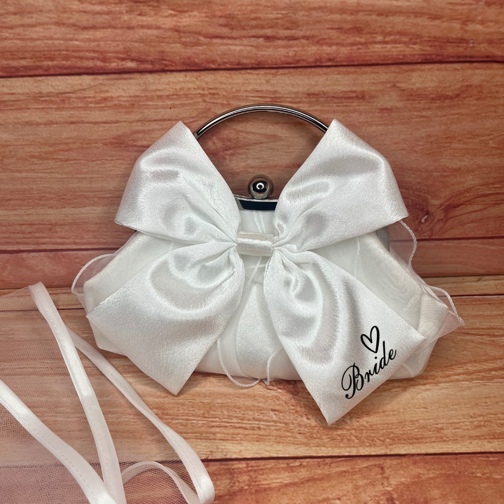 PERSONALISED WHITE OR BLACK BRIDAL BOW CLUTCH WITH LONG STRAP