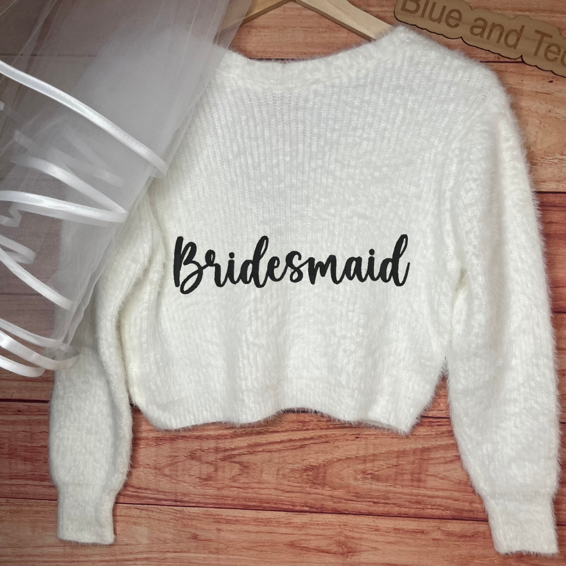 BRIDAL BRIDESMAID PERSONALISED EMBROIDERED FLUFFY CROP CARDIGAN
