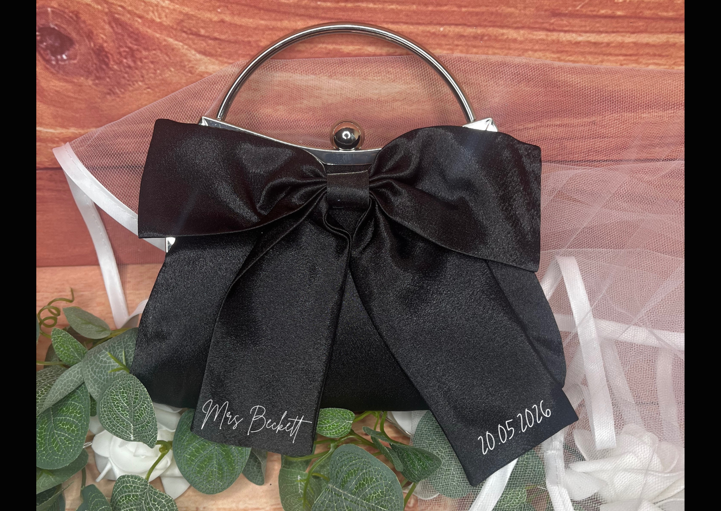 PERSONALISED WHITE OR BLACK BRIDAL BOW CLUTCH WITH LONG STRAP