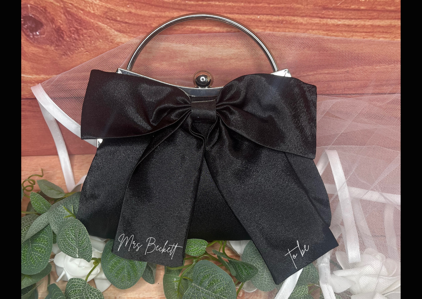 PERSONALISED WHITE OR BLACK BRIDAL BOW CLUTCH WITH LONG STRAP