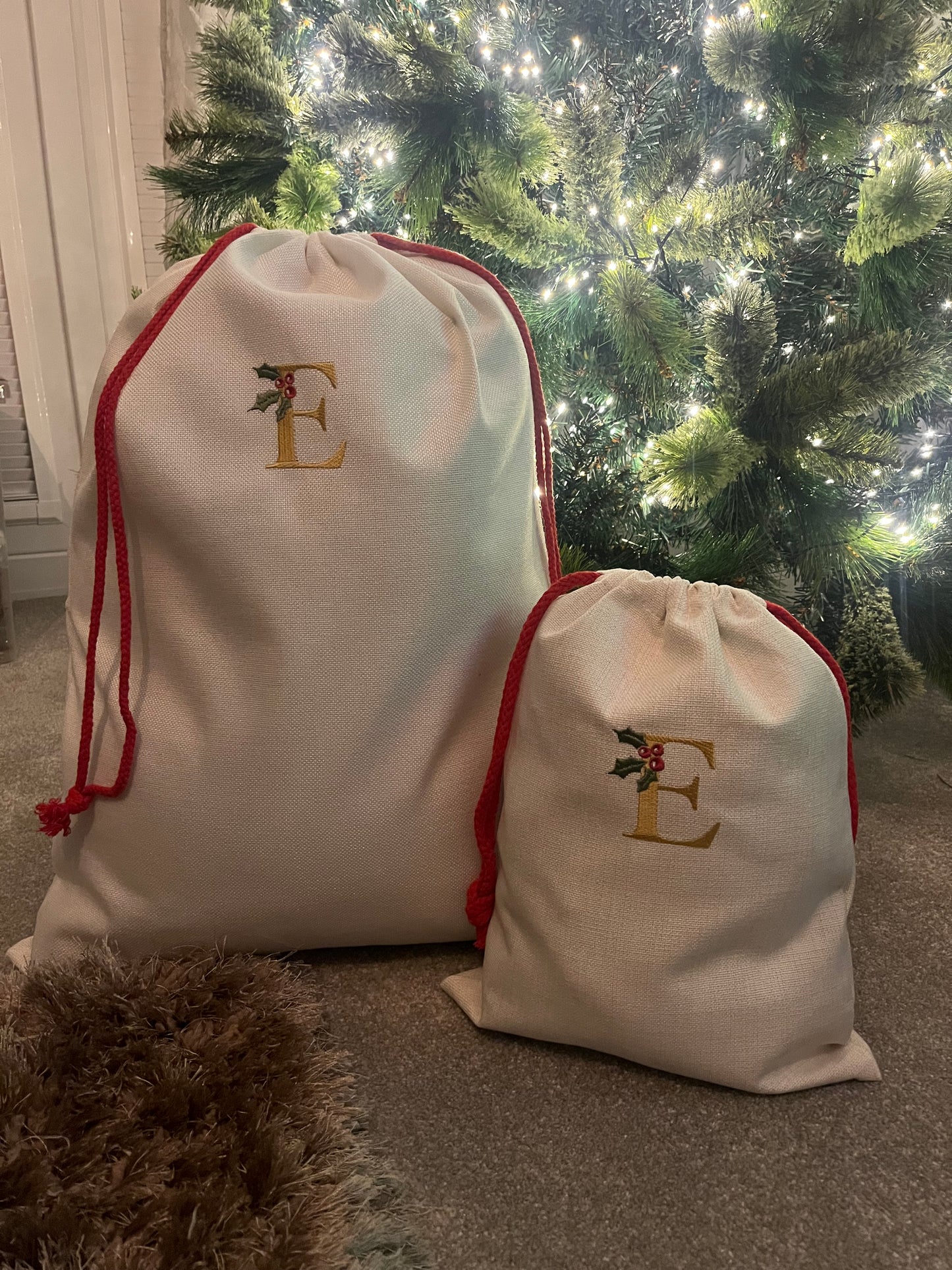 PERSONALISED SANTA SACKS WITH EMBROIDERED INITIAL