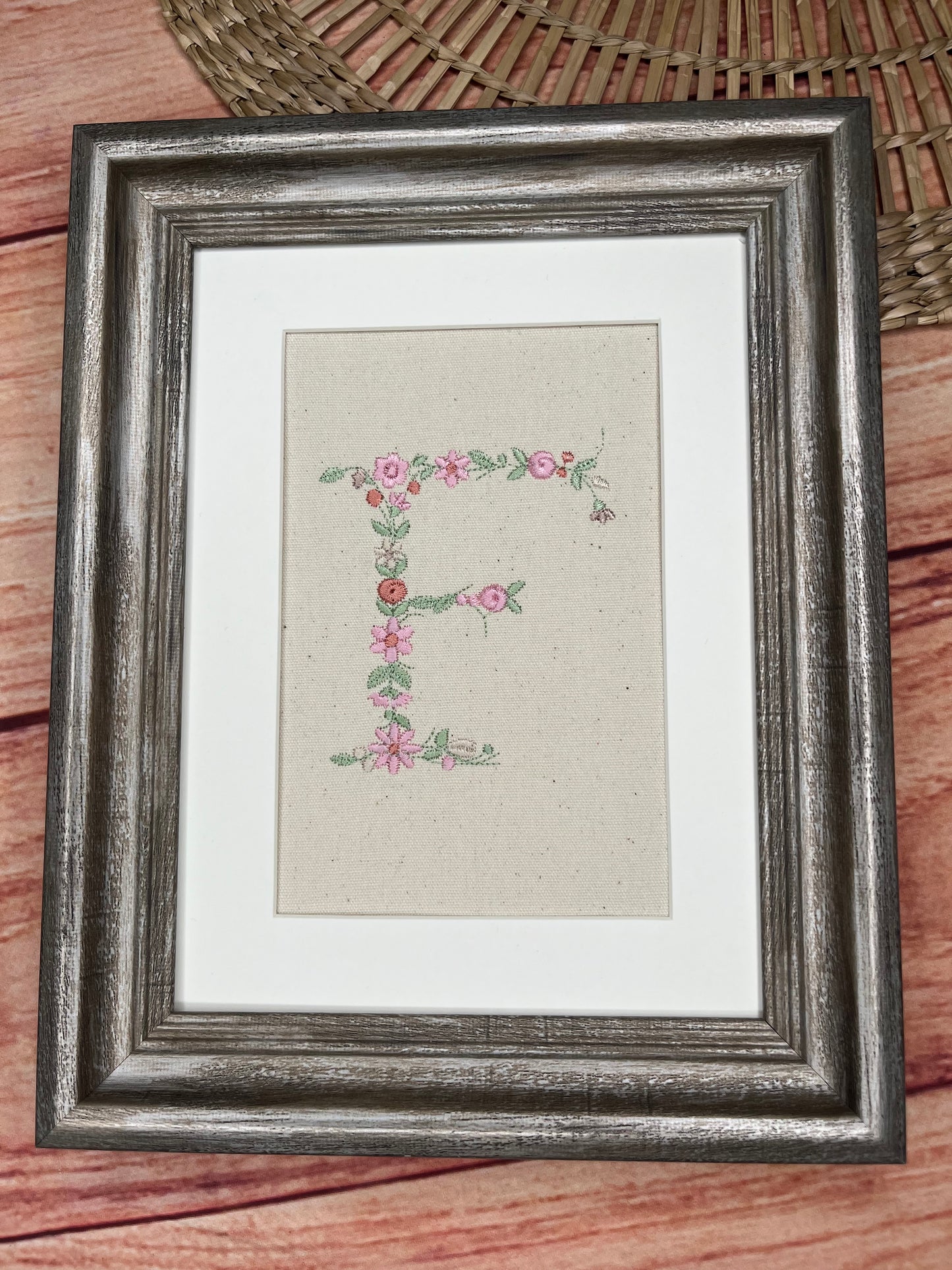 EMBROIDERED FLORAL INITIAL ON CANVAS WITH OR WITHOUT FRAME