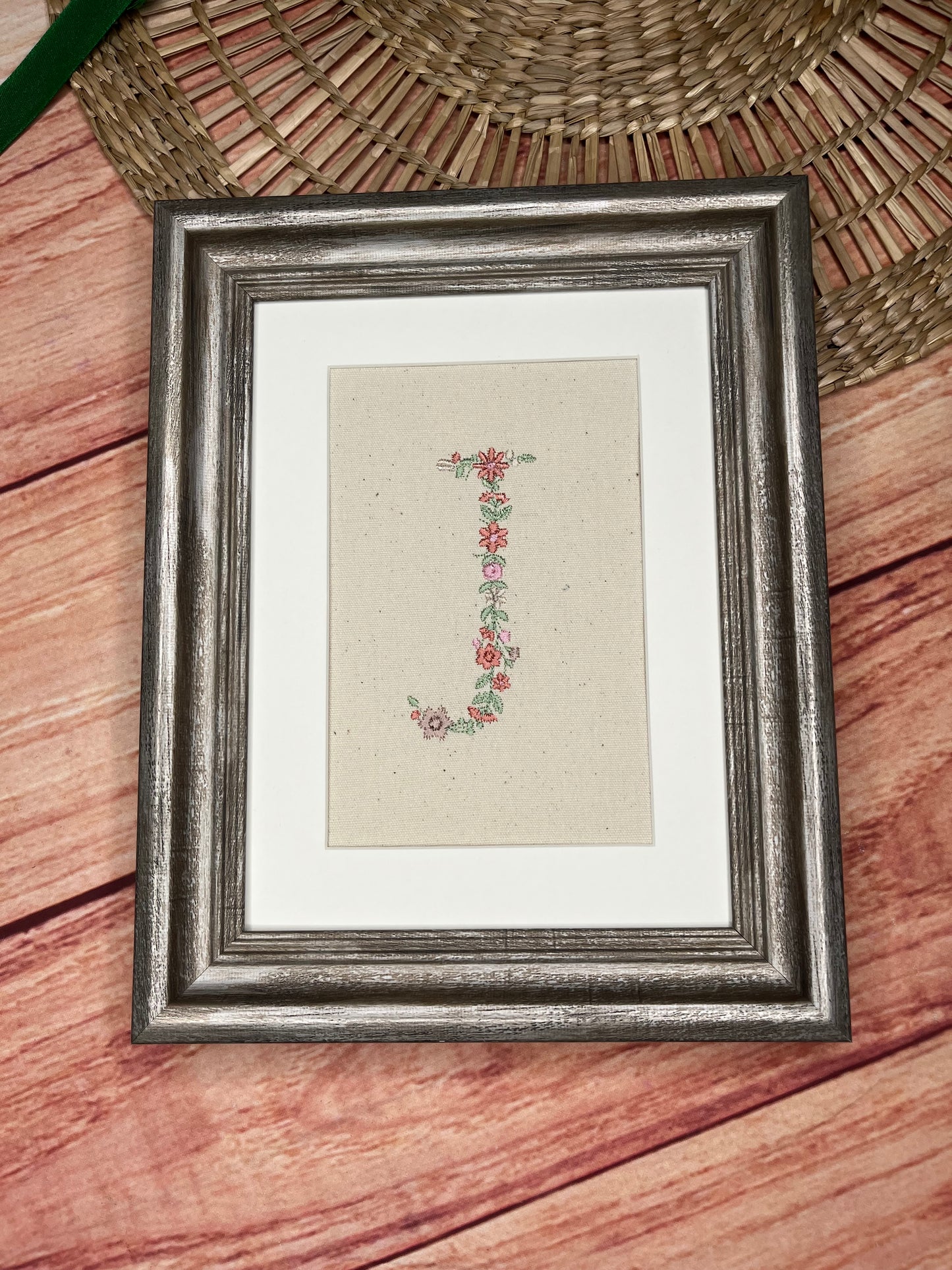 EMBROIDERED FLORAL INITIAL ON CANVAS WITH OR WITHOUT FRAME
