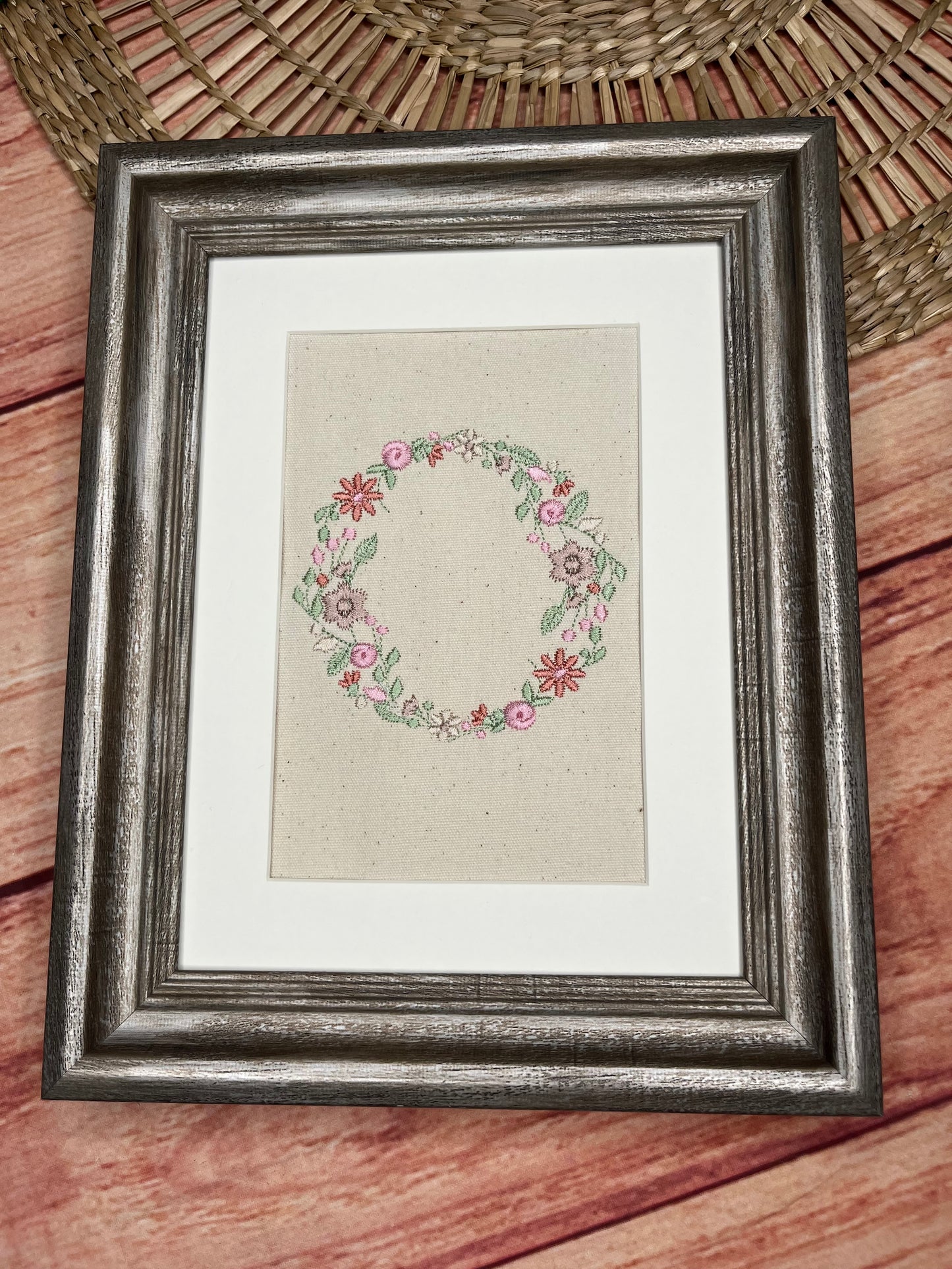 EMBROIDERED FLORAL INITIAL ON CANVAS WITH OR WITHOUT FRAME