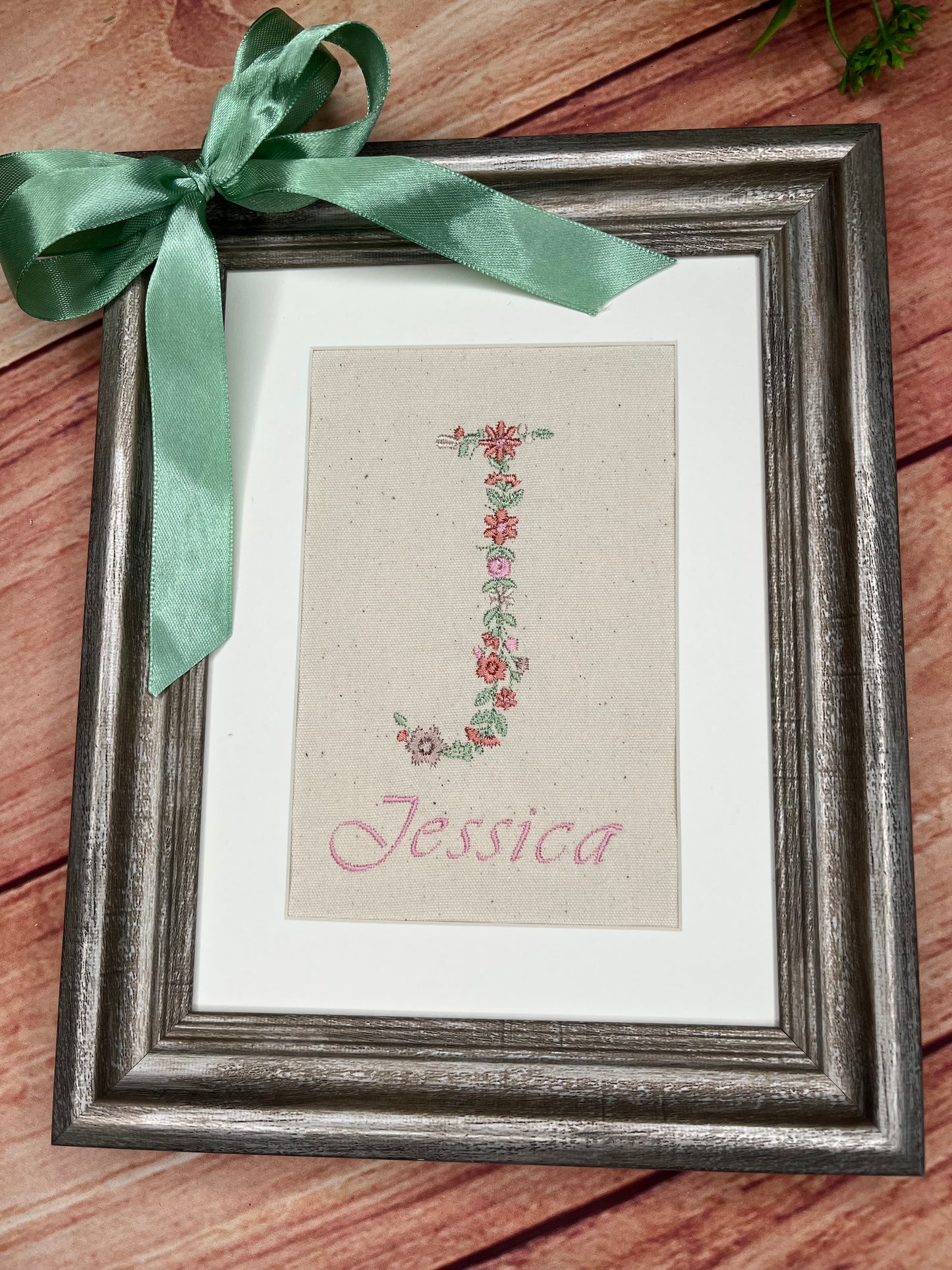 EMBROIDERED FLORAL INITIAL ON CANVAS WITH OR WITHOUT FRAME