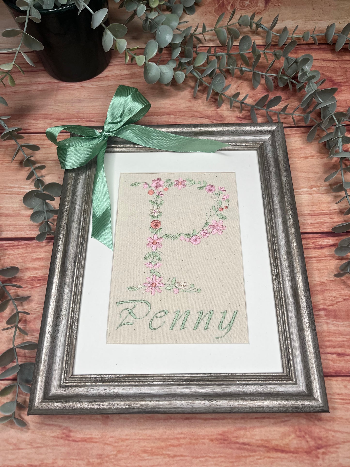 EMBROIDERED FLORAL INITIAL ON CANVAS WITH OR WITHOUT FRAME