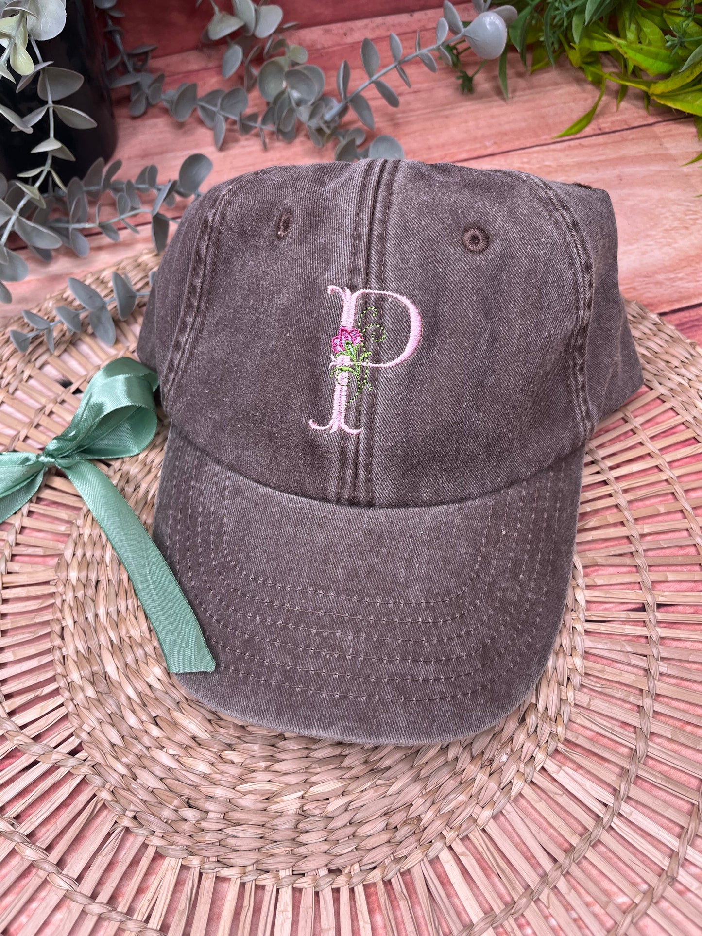 EMBROIDERED FLORAL INITIAL CAP