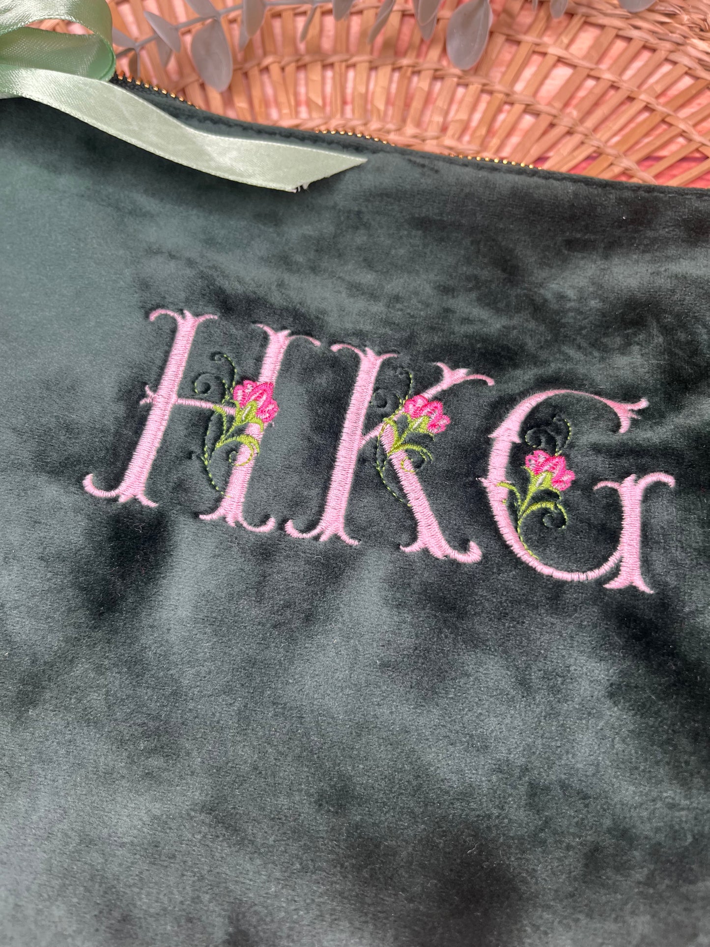 EMBROIDERED VELVET FLORAL INITIAL MAKE UP BAG