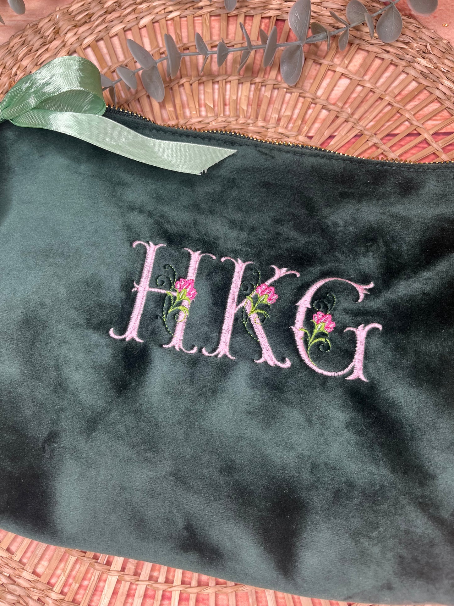 EMBROIDERED VELVET FLORAL INITIAL MAKE UP BAG