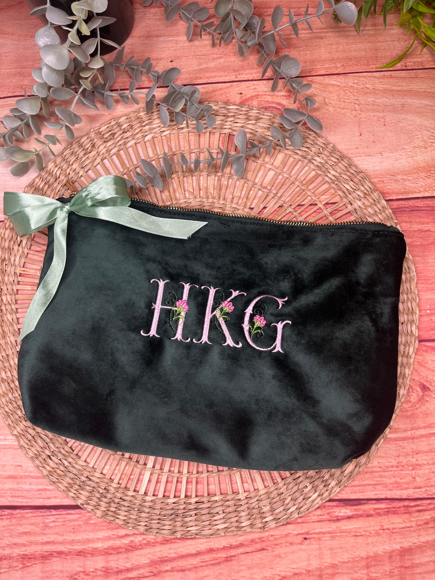 EMBROIDERED VELVET FLORAL INITIAL MAKE UP BAG