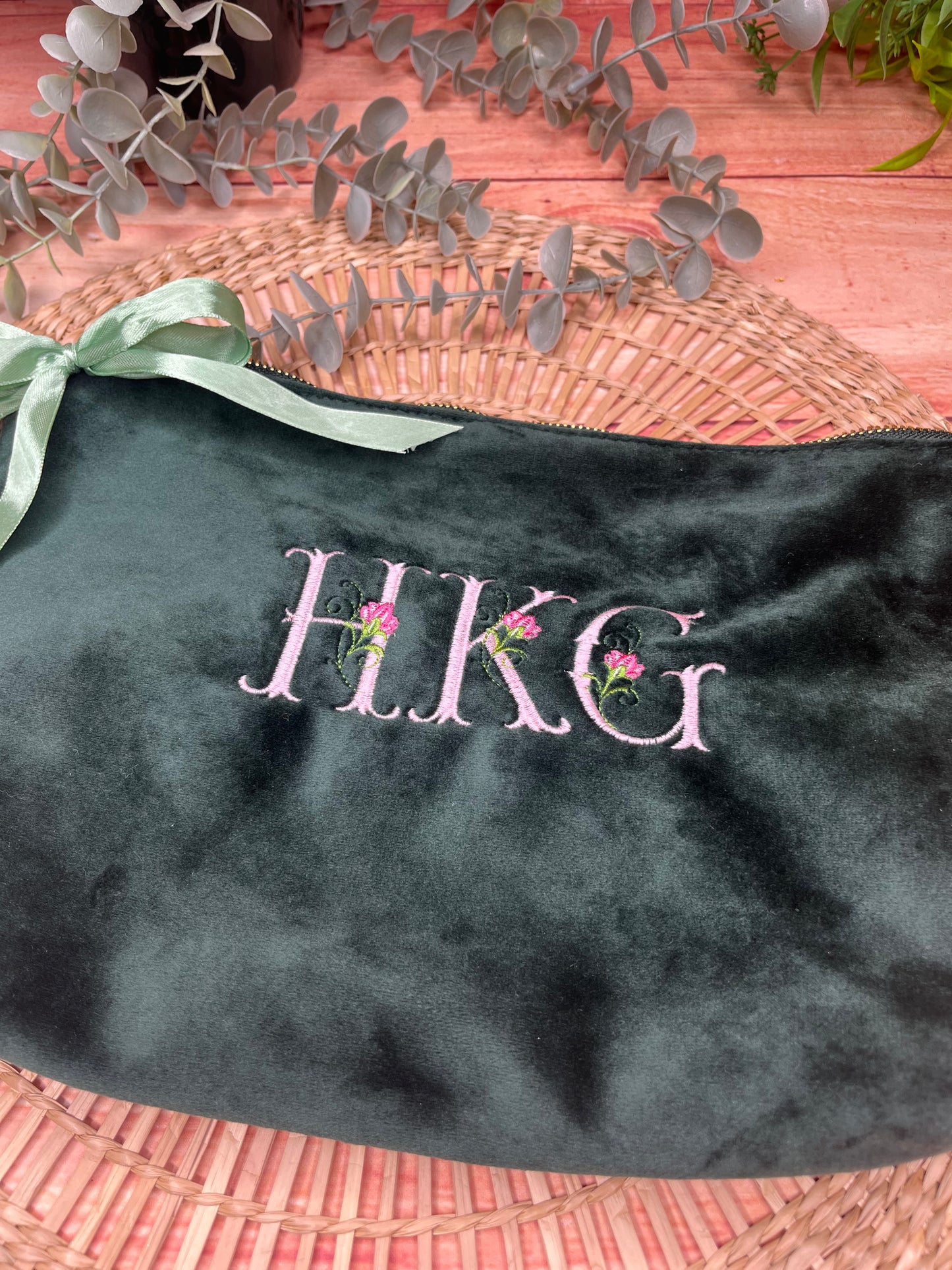 EMBROIDERED VELVET FLORAL INITIAL MAKE UP BAG