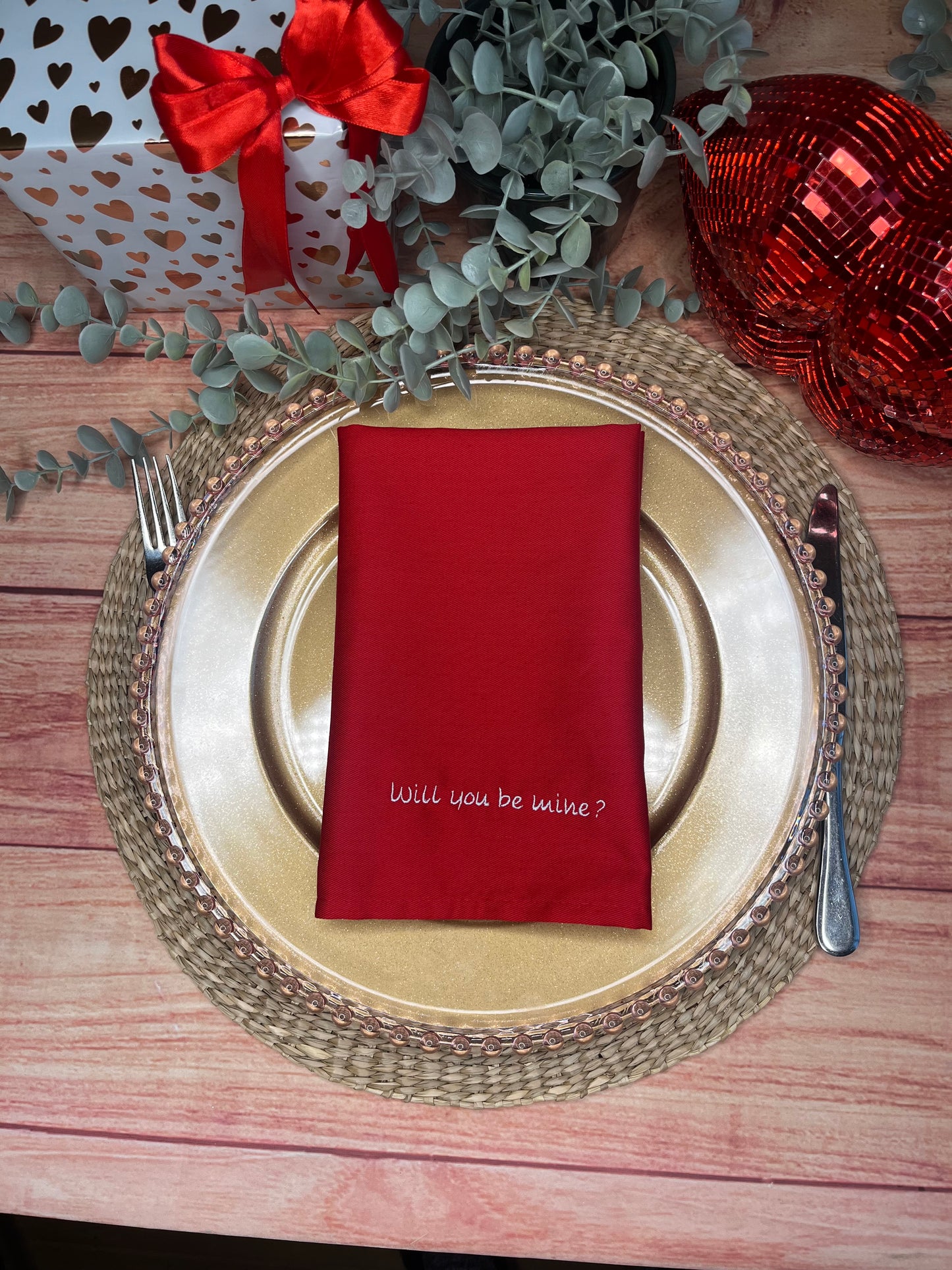 PERSONALISED WILL YOU BE MINE? VALENTINE NAPKINS EMBROIDERED