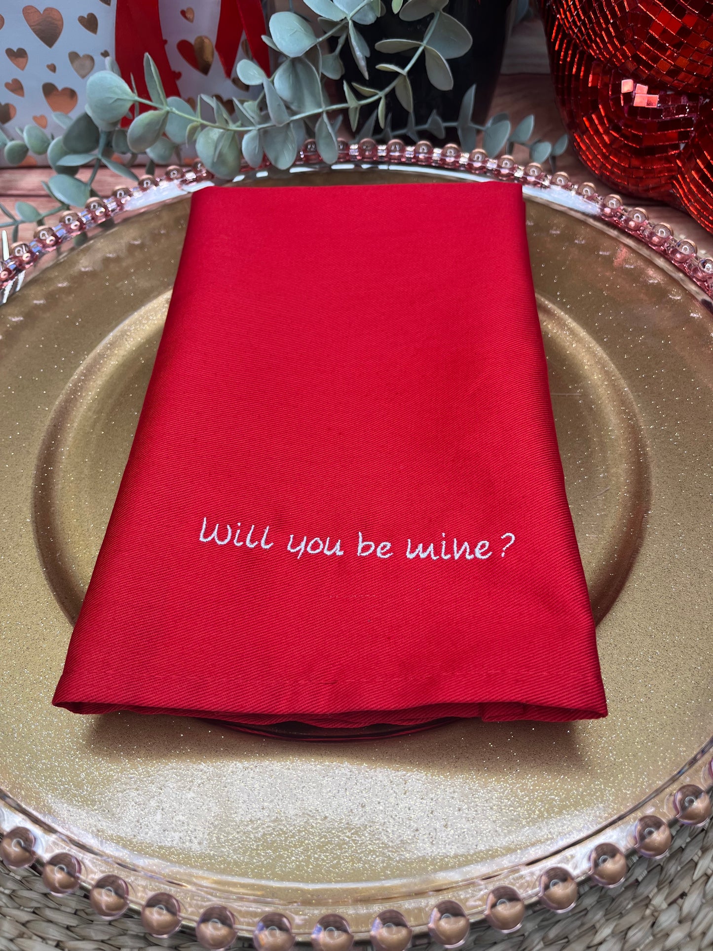 PERSONALISED WILL YOU BE MINE? VALENTINE NAPKINS EMBROIDERED