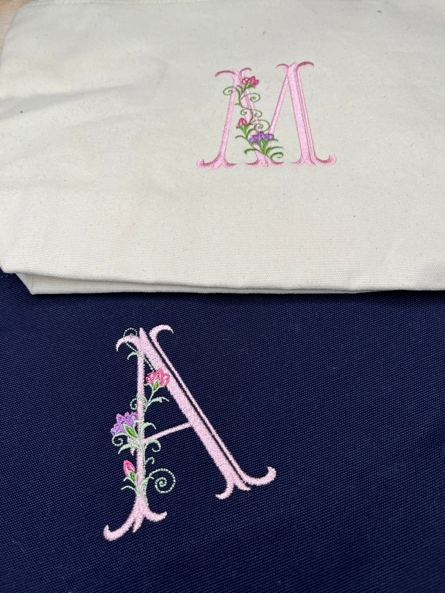EMBROIDERED CANVAS FLORAL INITIAL BAG