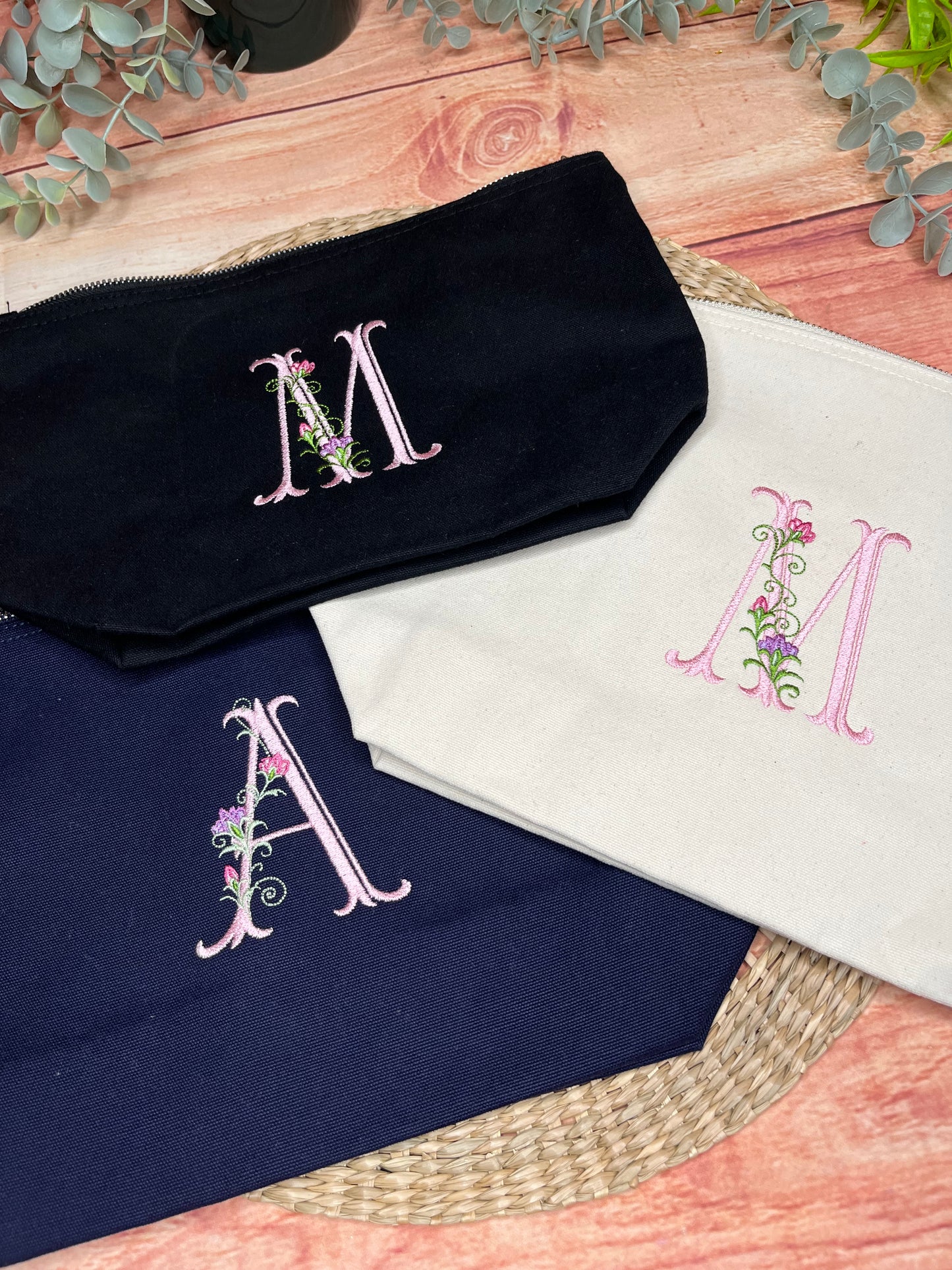 EMBROIDERED CANVAS FLORAL INITIAL BAG