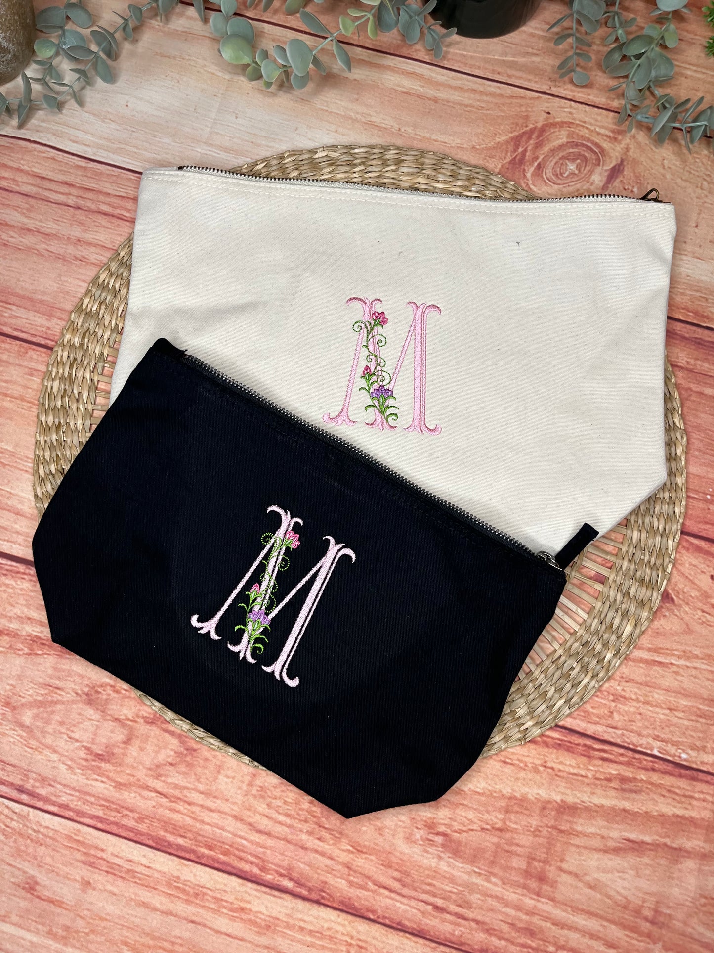 EMBROIDERED CANVAS FLORAL INITIAL BAG