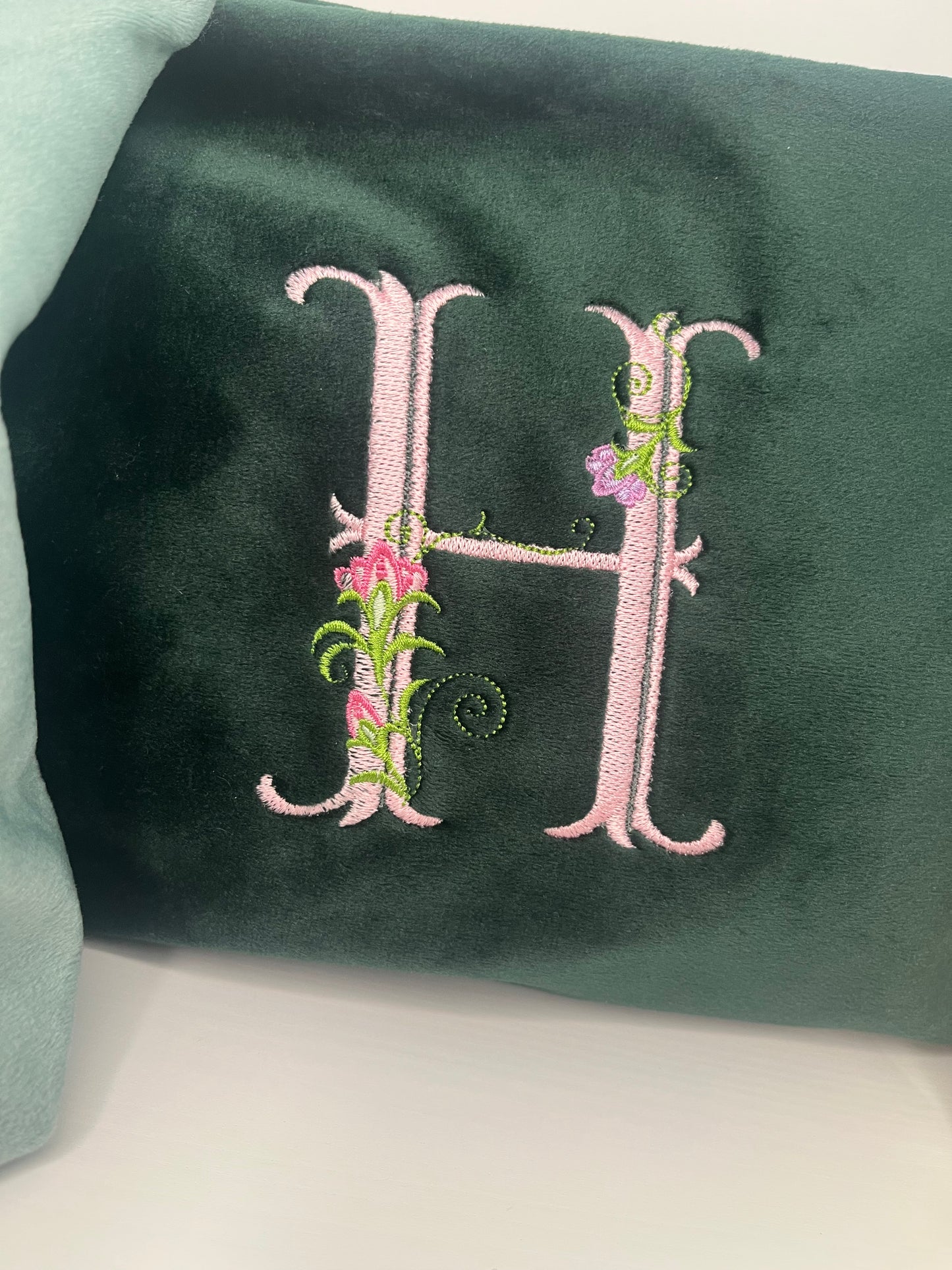 EMBROIDERED VELVET FLORAL INITIAL MAKE UP BAG