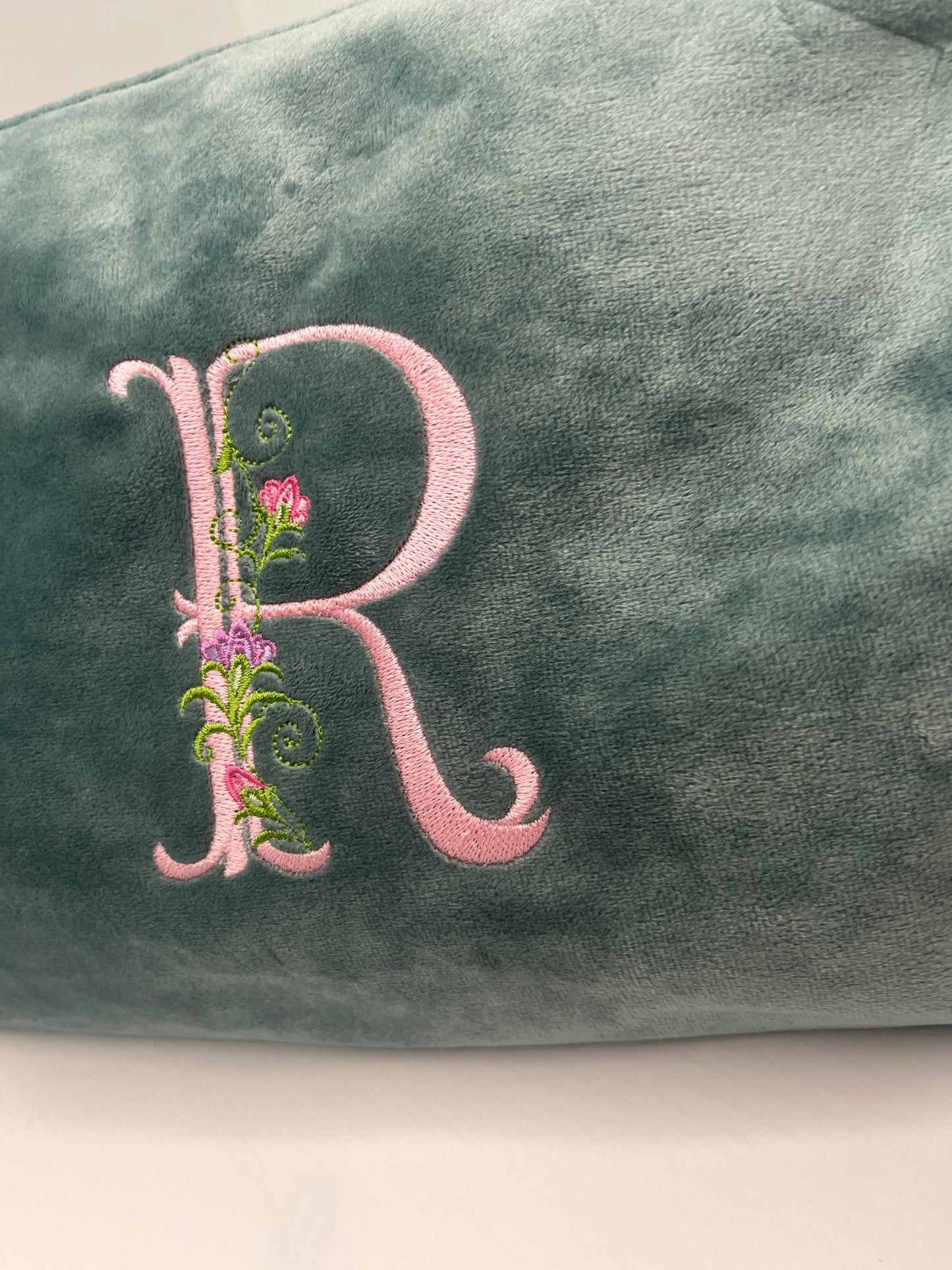 EMBROIDERED VELVET FLORAL INITIAL MAKE UP BAG