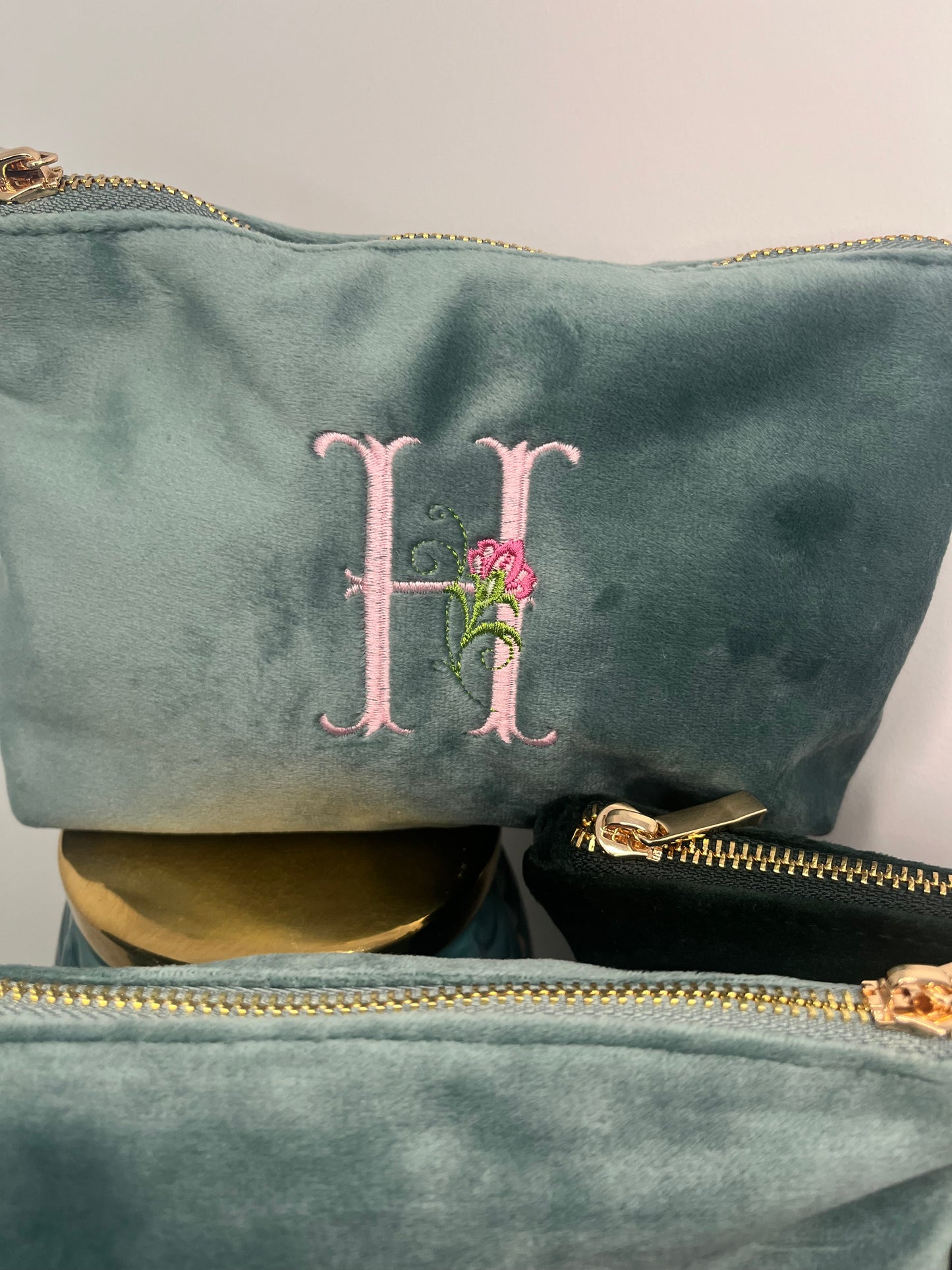 EMBROIDERED VELVET FLORAL INITIAL MAKE UP BAG