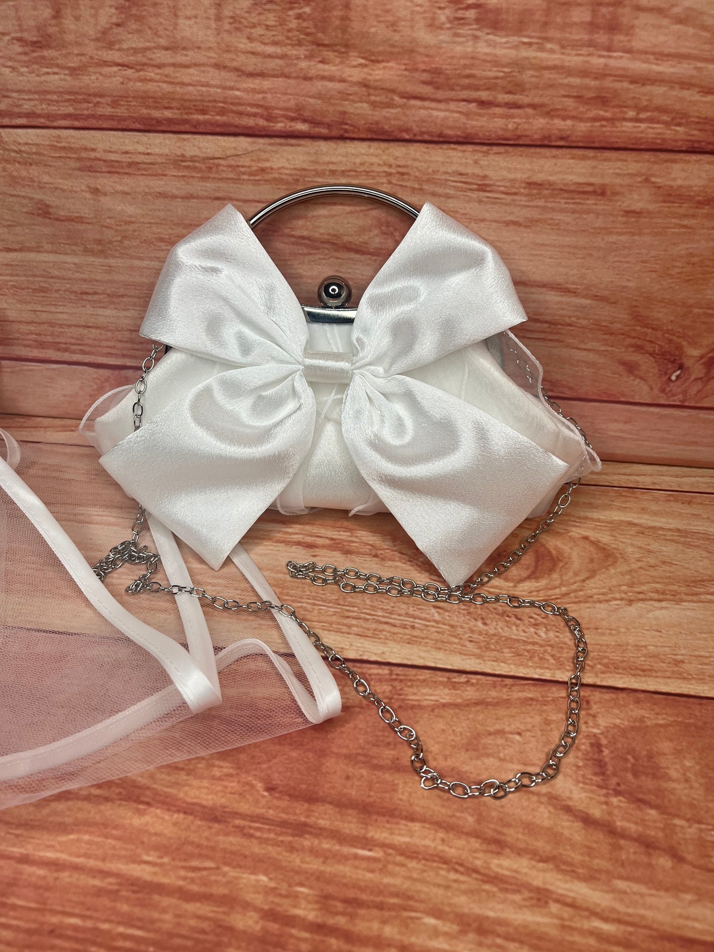 PERSONALISED WHITE OR BLACK BRIDAL BOW CLUTCH WITH LONG STRAP