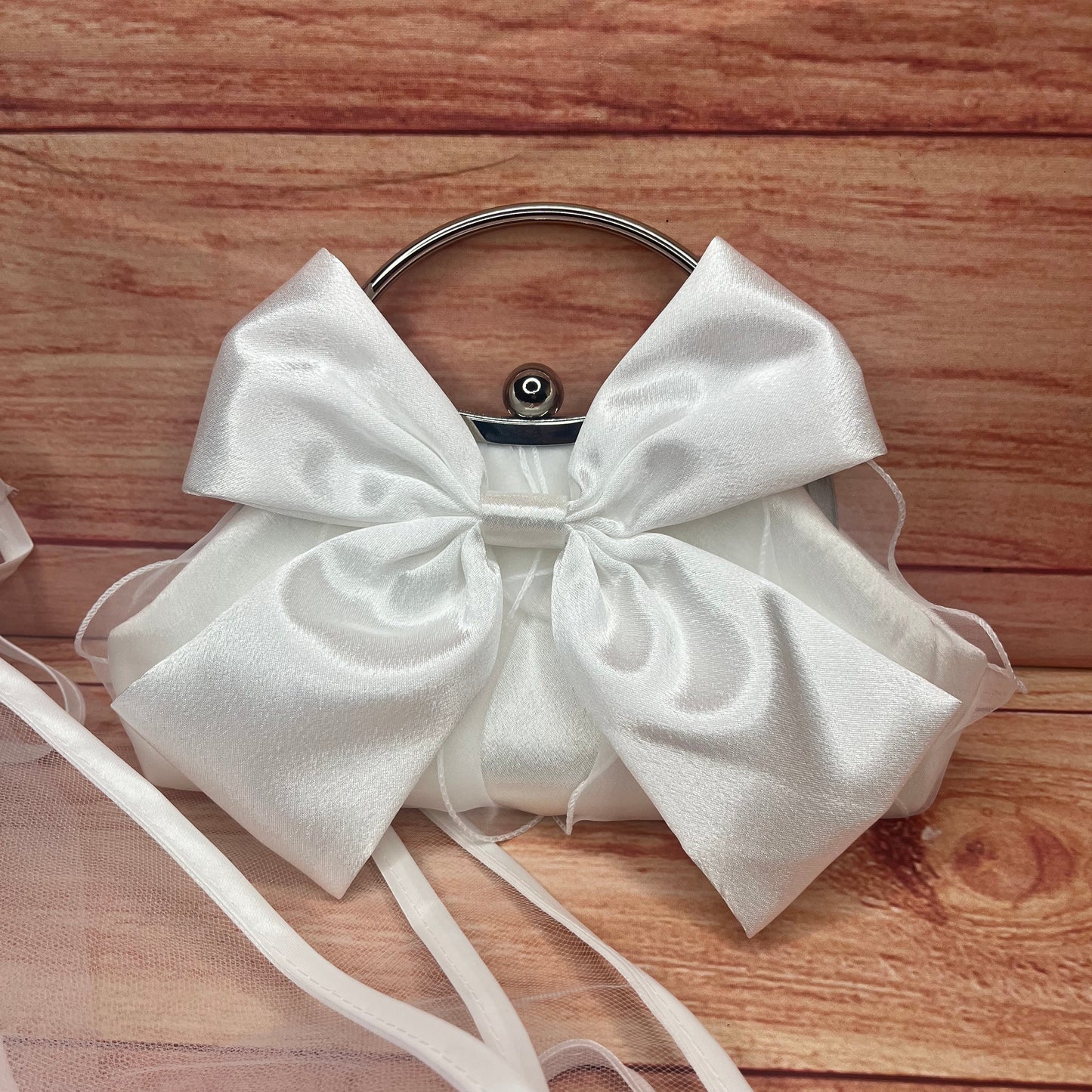 PERSONALISED WHITE OR BLACK BRIDAL BOW CLUTCH WITH LONG STRAP