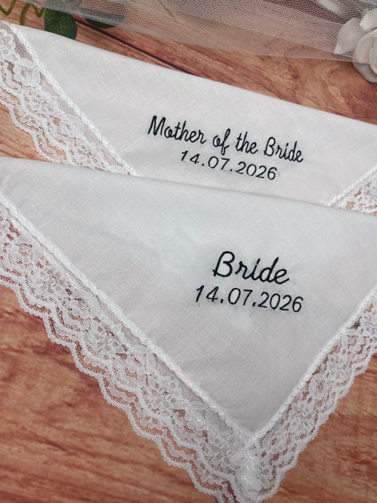 CUSTOM PERSONALISED BRIDAL WEDDING LACE EDGE HANDKERCHIEFS