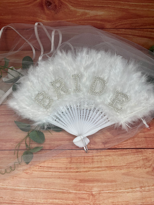 BRIDE WHITE  FEATHER FAN WITH FAUX CRYSTAL LETTERS