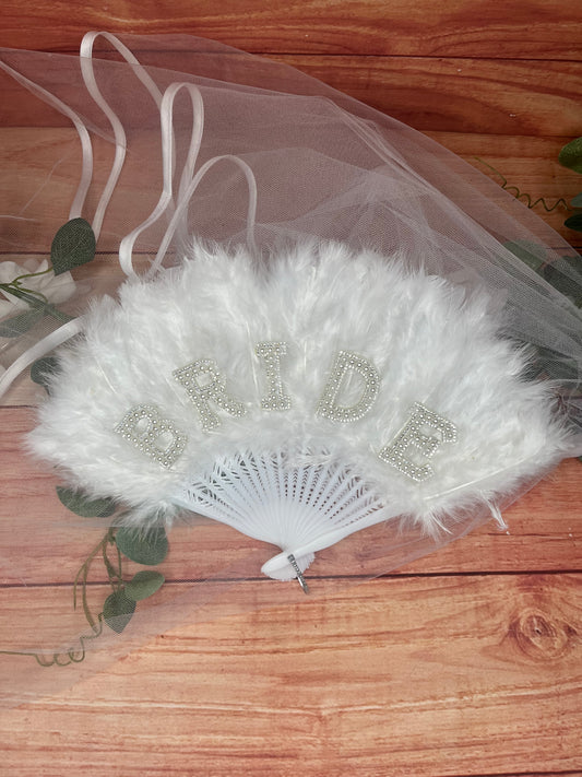 BRIDE WHITE  FEATHER FAN WITH FAUX CRYSTAL LETTERS