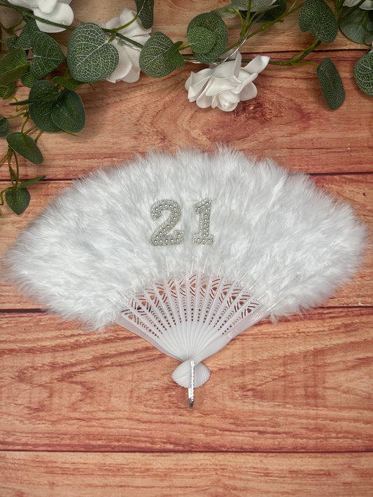 WHITE CUSTOM FEATHER FAN WITH FAUX CRYSTAL LETTERS