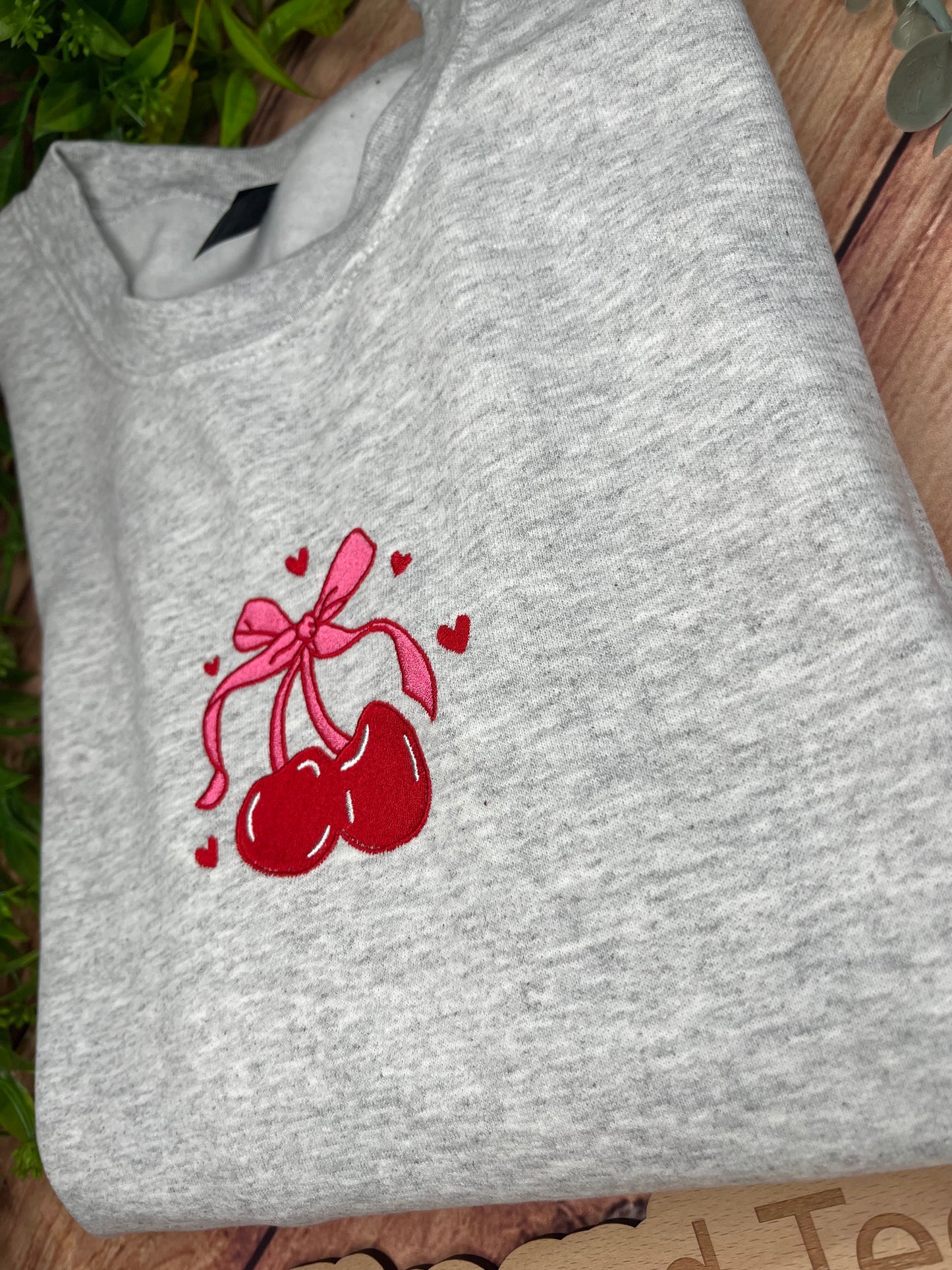 CHERRY BOW HEART EMBROIDERED SWEATSHIRT