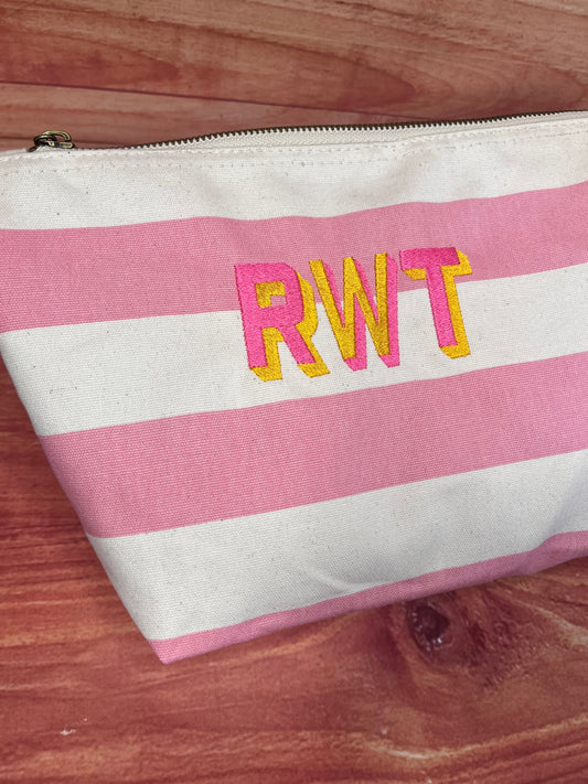 EMBROIDERED SHADOW FONT STRIPE CANVAS INITIAL POUCH
